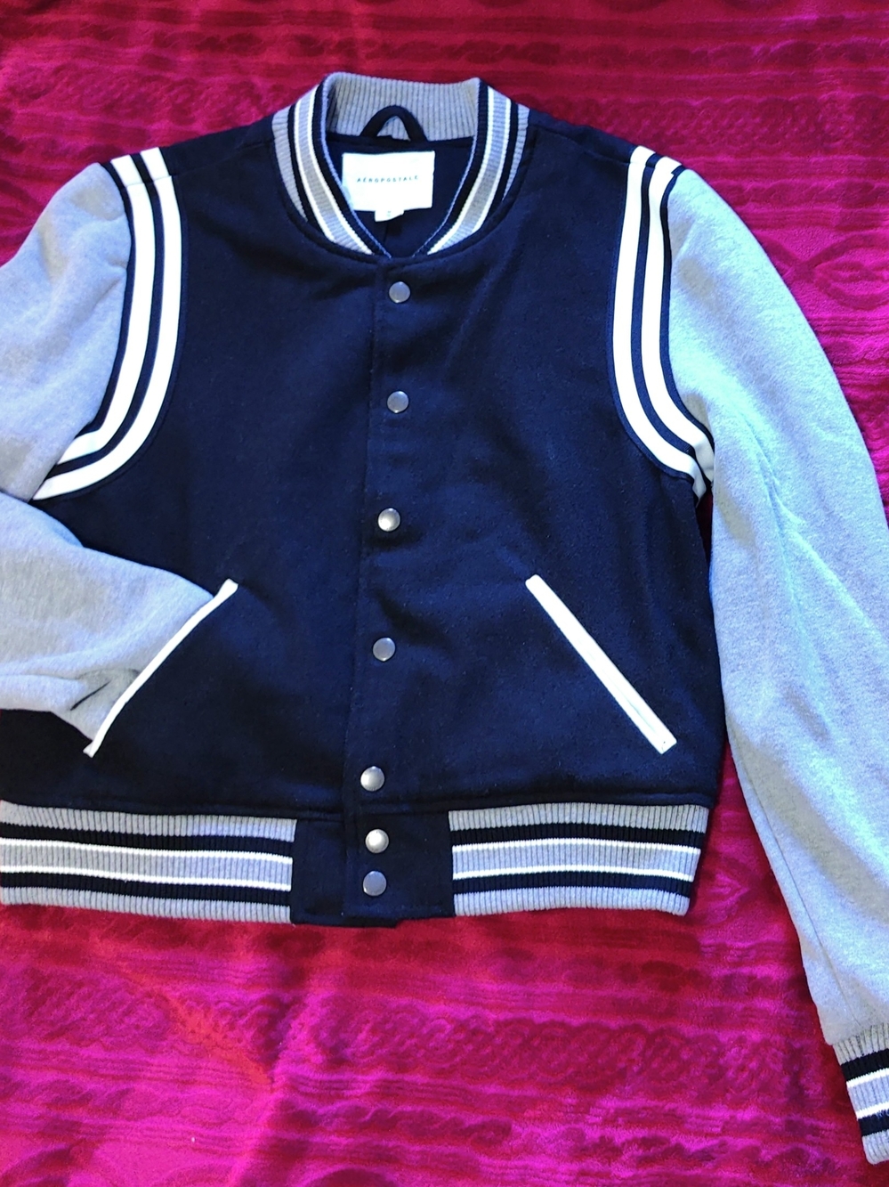 Preppy Varsity Jacket In Black & Gray With Snap Front Buttons and Pockets, Sz M